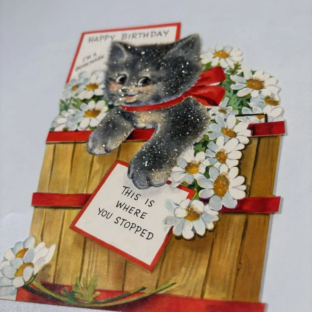Vintage Cat Kitty Hallmark Birthday Card Bookmark Glitter Die Cut Cute Decor Art